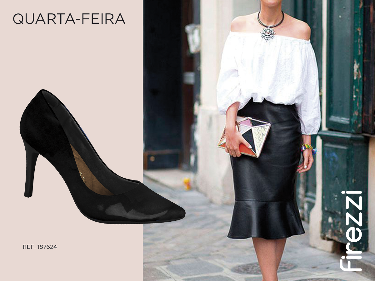 quarta-feira - saia blusa preto e branco scarpin sapato